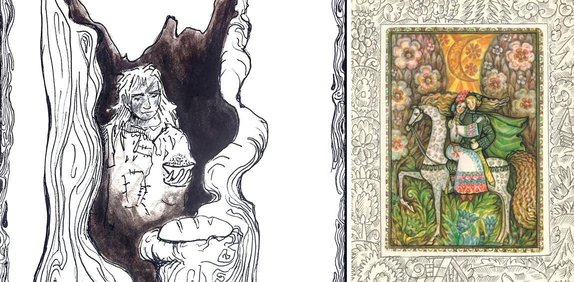 A salt princess in disguise, original drawing by Mila Zwiebel (2025) (left), Ash Peter with his Cinderella bride (Jershov and Jershov 1973, p. 45) (right)